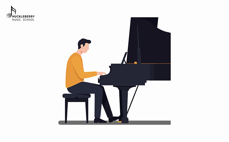 Illustration of a man practicing proper posture at a piano.